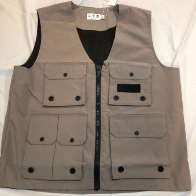 Topman Ltd Unisex Gilet Cargo Vest Gray Flap Pocket V neck Full Zip Mesh Lined M