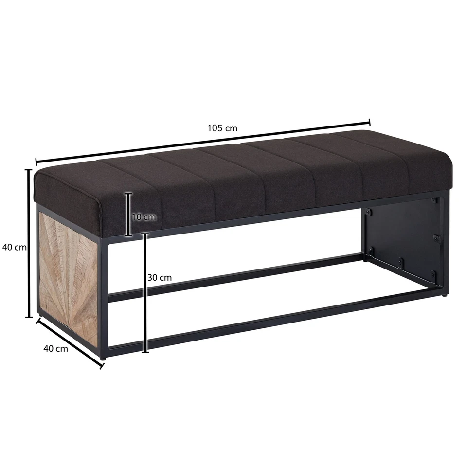FineBuy Banc en Tissu 105 cm Bois Massif Rembourré Banc Banquette Couloir Noir - Photo 3/4