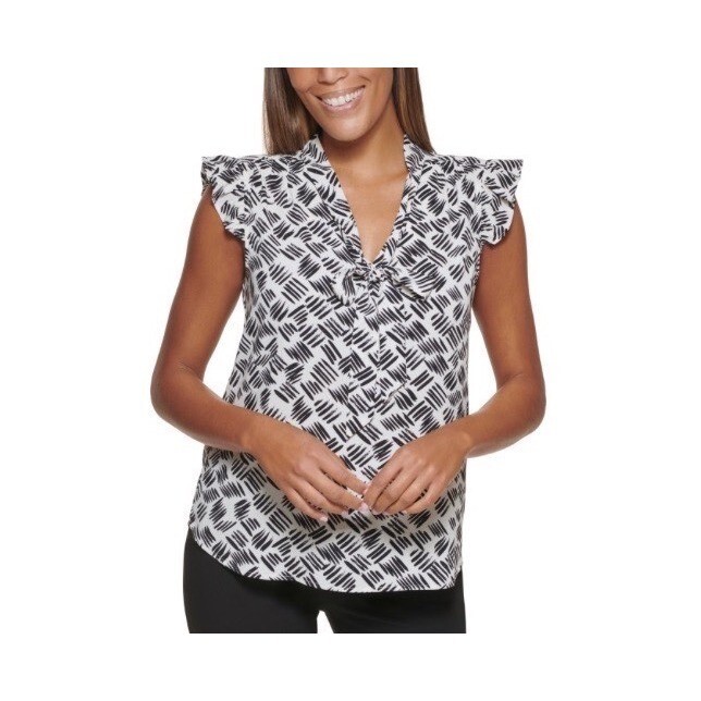 Calvin Klein Womens Geometric Print Cap Sleeve Blouse Cream Black Size XS NWT