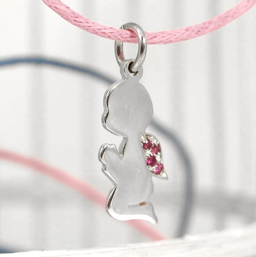 Ciondolo Angelo Custode argento 925 ali zaffiri rosa angioletto girocollo donna - Immagine 3 di 3