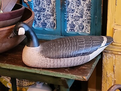 Duck Decoy Goose Handcarved Solid Wood Handpainted Signed 1960s Life Size 24''×11