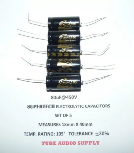   80uF@450volt ELECTROLYTIC CAPACITOR, AXIAL, SUPERTECH HIGH QUALITY, SET OF 5