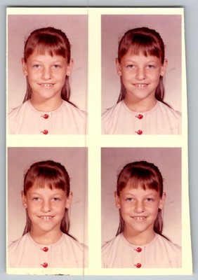Vtg Color Snapshot Smiling Young Girl With Bangs White Shirt Red Buttons 1960s