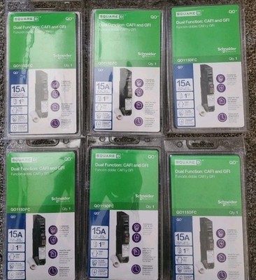 Lot of 6 Square D QO115DFC 15 Amp Dual Function 1-Pole Pigtail Breakers GFI CAFI