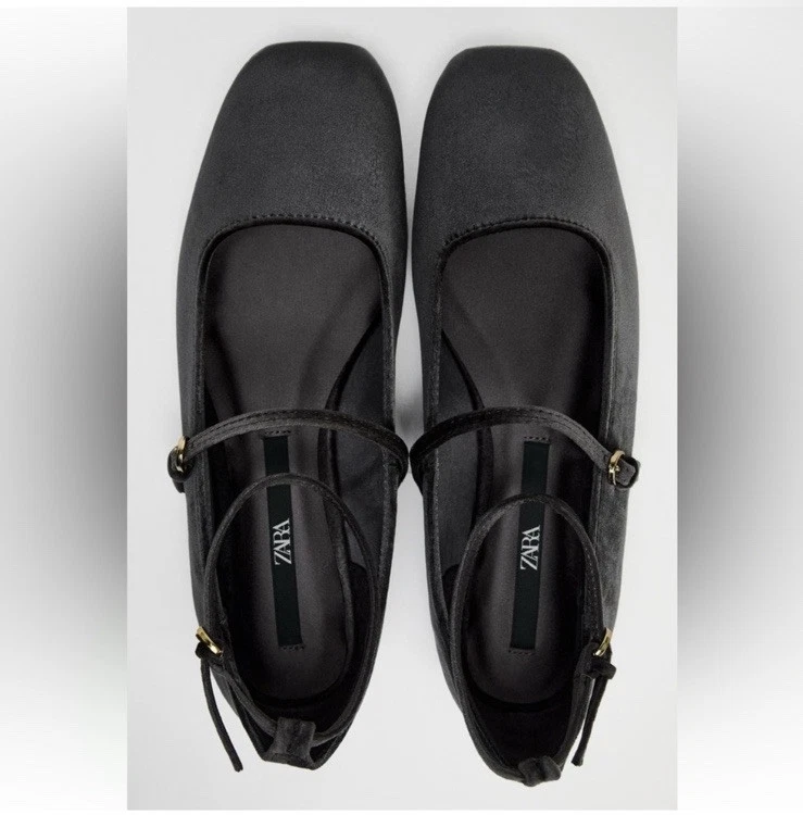 Zapatos planos de ballet efecto terciopelo gris Zara hebilla Mary Jane talla 38/7,5.  Nuevo con etiquetas Foto 2 de 4