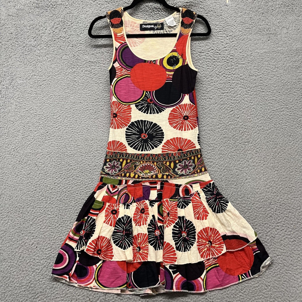 Desigual Dress Women S Colorful Floral Beaded Y2K Drop Waist Layered Art To  Wear | eBay