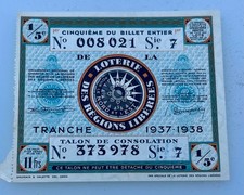 BILLET LOTERIE NATIONALE RÉGIONS LIBÉRÉES 1937-1938