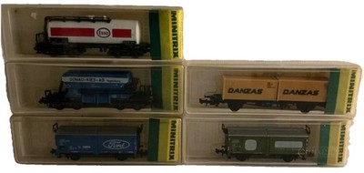 5x Minitrix N, Esso, Ford, Donau-Kies,Danzas,DB, 13267, 13553, 13605, 3530, 3282