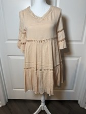 Listicle Beige Crochet Ruffle Layered Dress V-Neck 3/4 Ruffle Sleeve Short S