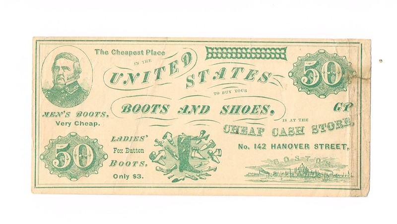 BOSTON :   GEORGE E.  PEARSON    BOOTS & SHOES  AD NOTE OBSOLETE SCRIP   VF+