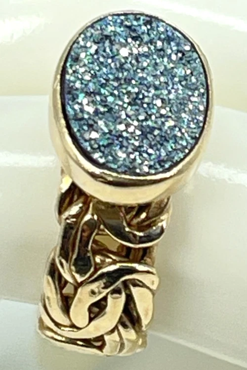 Anel vintage folheado a ouro com mais de 925 banda bizantina larga com azul claro druso tamanho 6 - Imagem 3 de 4