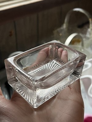 Clear Glass Open Salt Cellar Rectangle Sunburst Pattern Glossy Finish