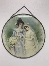 Vintage Antique Round Glass Flue Cover Victorian Girl Boy Wedding 9.5”