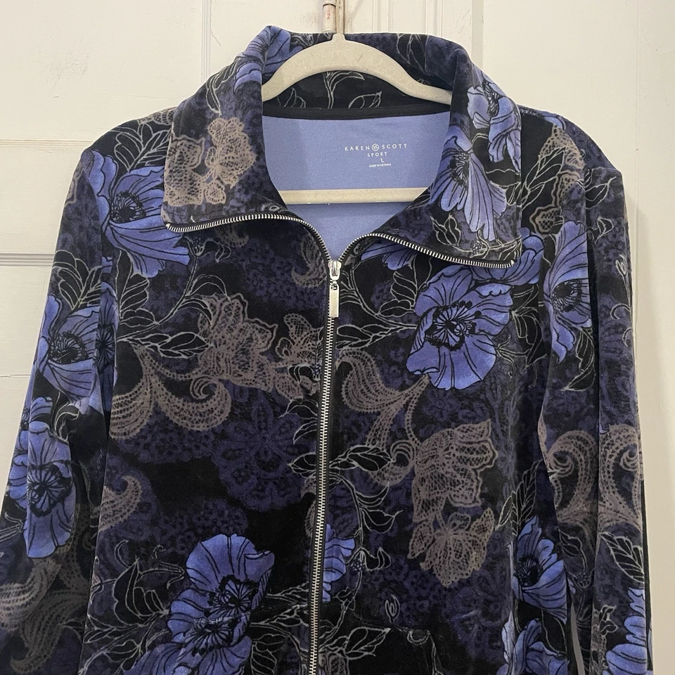 Karen Scott Women's L Black Velour Floral Jacket Full Zip Pockets Relaxed Mature - Image 2 of 4