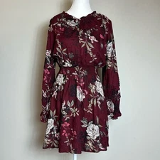 American Rag Tiered High Neck Long Sleeve Floral Rayon Flowy Boho Dress