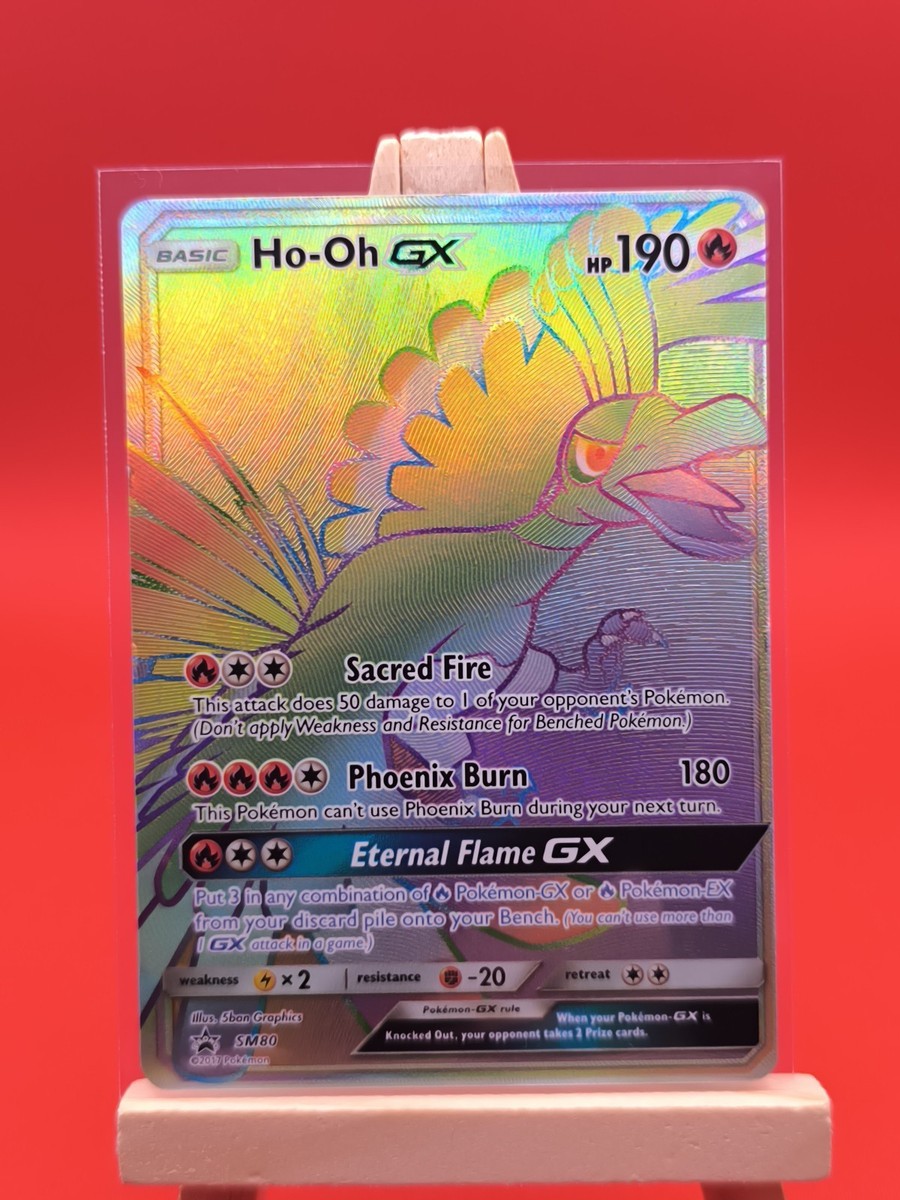 ho oh pokemon card rainbow Ho-Oh GX SM80 Sun & Moon Textured Full Art Rainbow Ultra Rare Promo Pokemon  Card