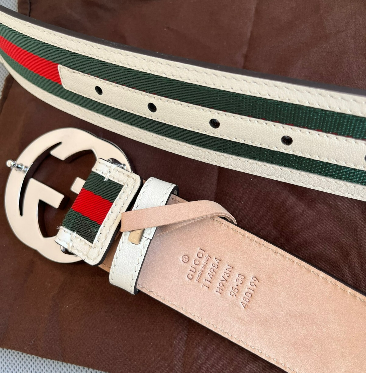 Gucci GG Interlocking Red Green White Stripe Leather Belt Size 95