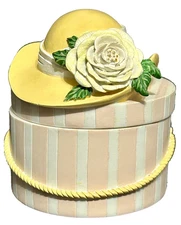 Two's Company Trinket Box Hat Floral Top Yellow Pink White Stripes