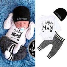 3PCS Newborn Baby Boys Long Sleeve Tops Pants Hat Outfits Tracksuit Clothes Set