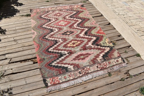 Turkish Kilim 3x5 Size Handwoven Wool Zigzag Pattern Vintage Gray Rug 120x180cm - Picture 2 of 9