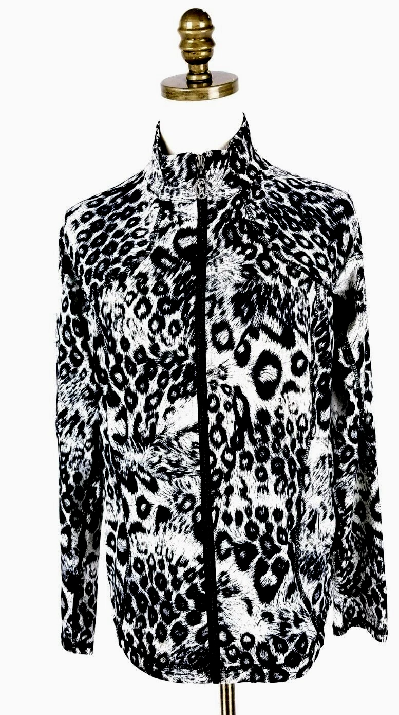 Christine Alexander Black & White Animal Print Full-Zip Active Jacket Size Large