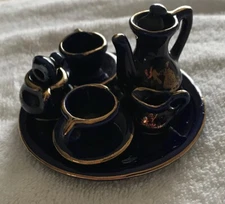 Vintage Dollhouse Tea Set Dark Blue & Gold, Complete Set- Free Shipping
