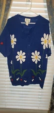 The QUACKER FACTORY WOMENS 1X Blue Sweater DAISY Ladybug Short Sleeve CARDIGAN 