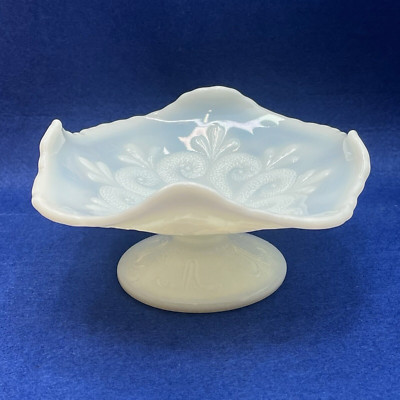 L G Wright Dugan Question Marks White Glass Pedestal Compote Dish 3-1/8'' Tall