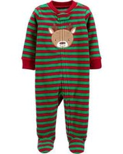NWT Carter's Reindeer Zip-Up Fleece Stripped Footie Sleep  Play, Newborn
