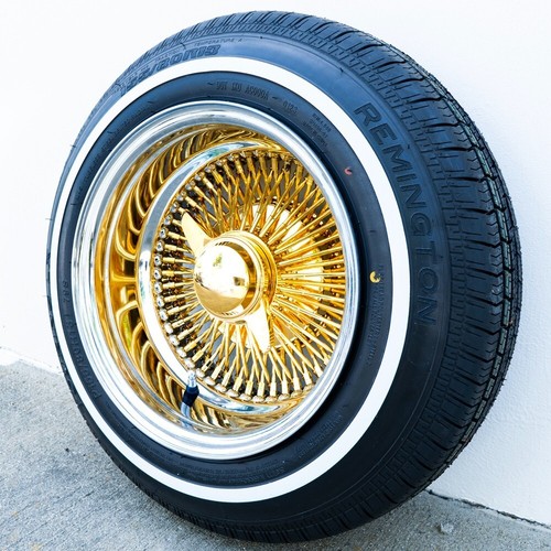 13x7 Reverse Gold Center 100 Spoke Wire Wheels + 155/80R13 Whitewall