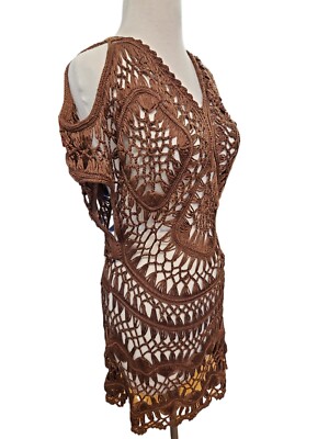 Miss Kelly Crochet Dress Overlay Sleeveless Womens Small Brown Boho Gypsy New