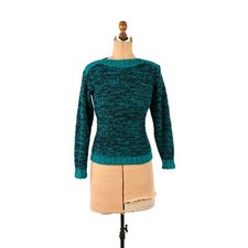 Vintage 80s Dark Teal  Black Boat Neck Long Sleeve Slub Knit New Wave Sweater S