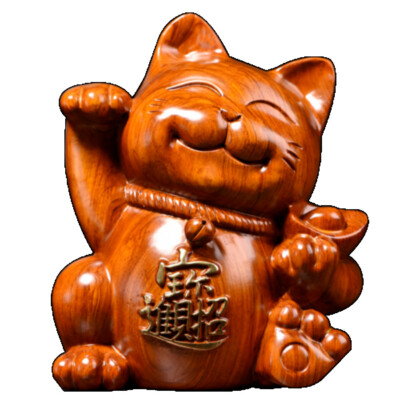 Rosewood Carved Maneki Neko Statue Lucky Cat Feng Shui Decor Art Collection