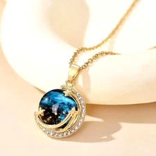 Fashion Shiny Zircon Blue Starry Planet Moon Pendant Necklace Gold Plated Women