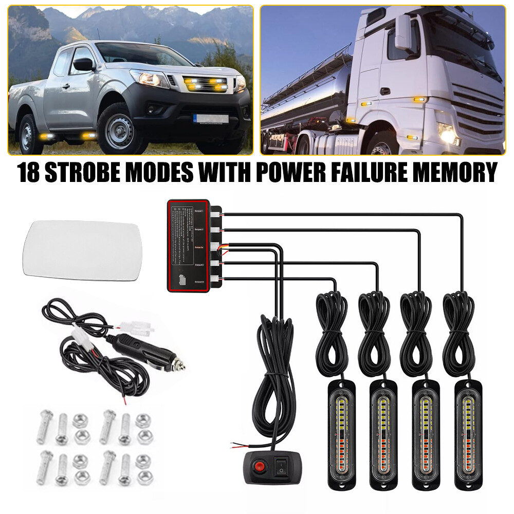 4pcs White & Amber 12 LED Car Truck Beacon Warning Hazard Flash Strobe Light