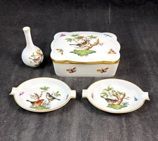 Herend Rothschild Bird RO Group of 2 Ashtrays 1 Bud Vase and 1 Cigarette Box