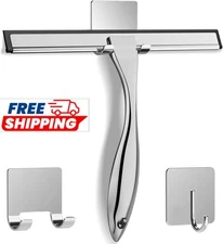 All-Purpose Stainless Steel Shower Squeegee for Glass Doors with Adhesive Hooks