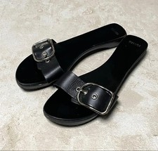 Rare Auth HERMES Women's Flat Shoes Sandals Black Logo Belt EU38 US8 UK5 Leather