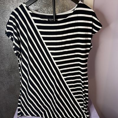 #ad #ad White House Black Market Size Small Striped Asymmetrical Hem Short Sleeve Blouse $14.36