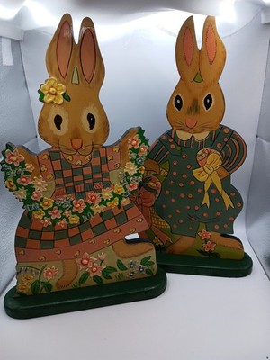 Vintage Girl & Boy Bunny Rabbits Easter Spring Decor Wooden Standing 14 Inches