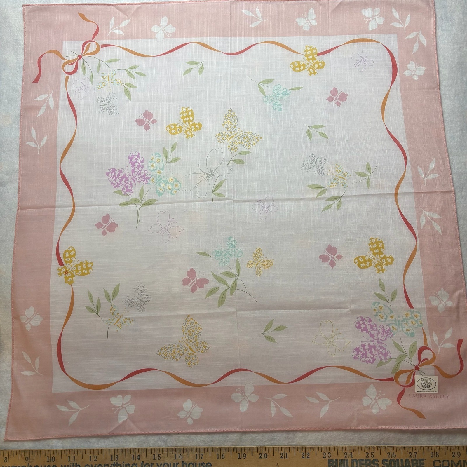 Vtg LAURA ASHLEY Scarf Handkerchief Butterfly Ribbon Cotton Pink 23x23
