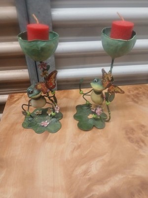 Pair Of Metal Frog Butterfly Candle Holders 9'' Tall