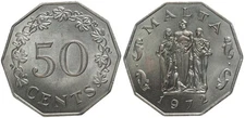 Malta - 50 Cents 1972 - Kupfer-Nickel-Legierung, 13.6g, Ø 32.95mm Km#12