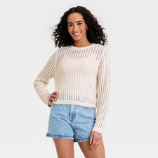 Women's Long Sleeve Crochet Openwork Crewneck Pullover Sweater - Universal