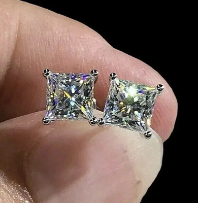 2.50 CTW Moissanite 6mm Princess Push Back Stud Earring 14K White Gold Plated