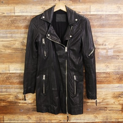 WOMENS ALL SAINTS LEATHER BIKER TRENCH COAT JACKET Size 0 Womens Full Zip Black