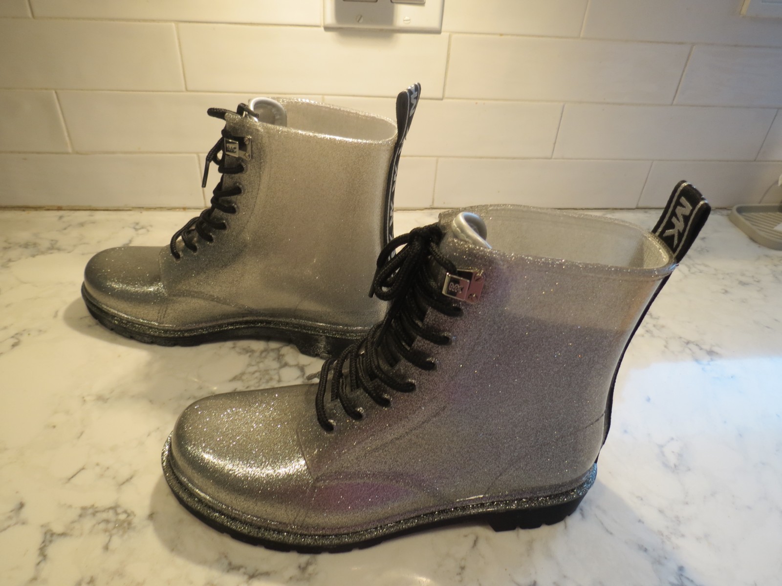 New Michael Kors silver metallic rain boots platform lace up block heel women 10 thumbnail 4