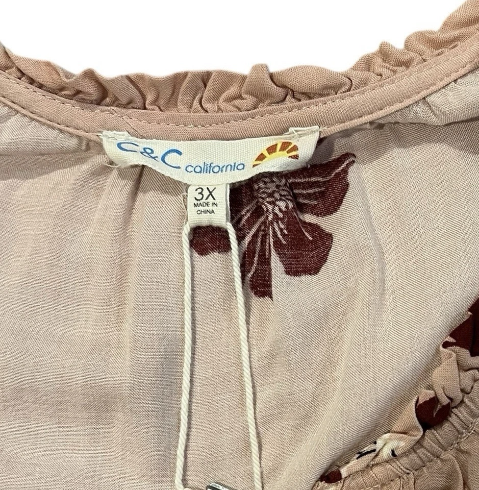 C&C California Top Plus Size 3X Long Sleeve V Neck Pink Floral Boho New NWOT - Image 3 of 4