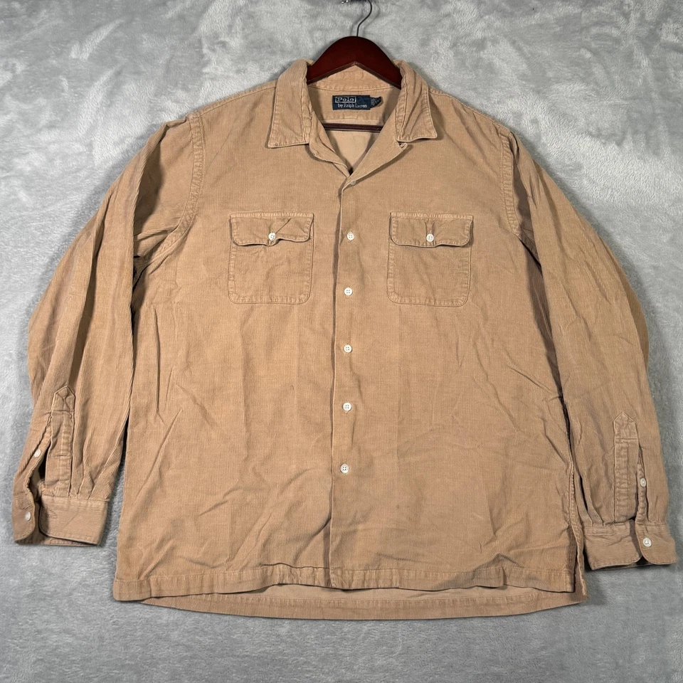 Camisa Polo Ralph Lauren Para Hombres XL Tostada Pana Botón Frontal Cuello Lazo De Colección Foto 2 de 4