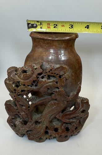 Vintage Red Carved Antique Chinese Soapstone Flower Vase - Picture 10 of 12